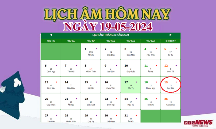 Lịch âm 19/5 - Âm lịch hôm nay 19/5 chính xác nhất - lịch vạn niên 19/5/2024