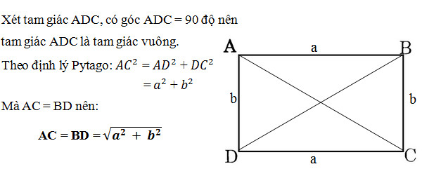 Phương pháp tính đường chéo của hình chữ nhật khi biết độ dài hai cạnh hoặc diện tích, chu vi