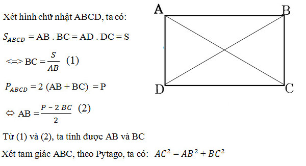 Phương pháp tính đường chéo của hình chữ nhật khi biết độ dài hai cạnh hoặc diện tích, chu vi