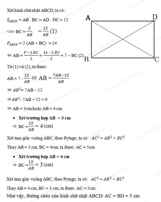 Phương pháp tính đường chéo của hình chữ nhật khi biết độ dài hai cạnh hoặc diện tích, chu vi